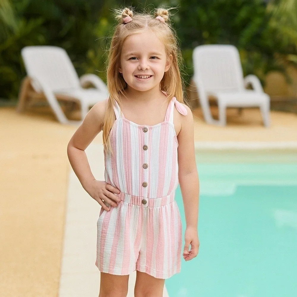 NWT Vertbaudet Romper Girls 6 Pink White Striped Sleeveless Ruffle Trim Jumpsuit